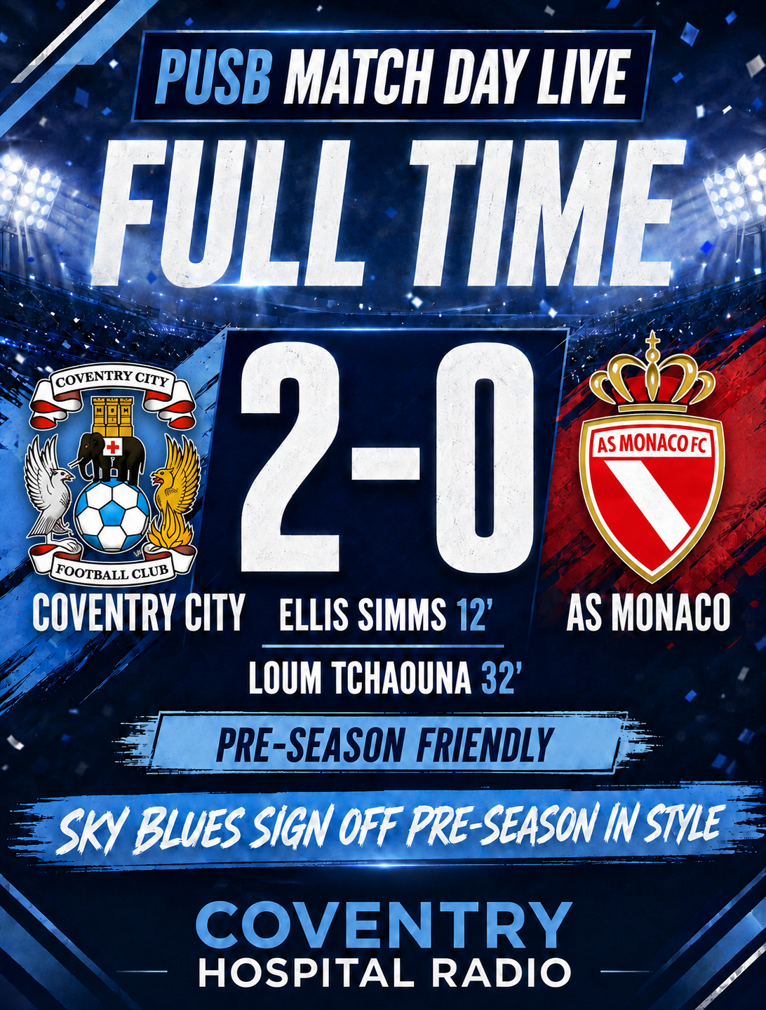 Full-time poster showing Coventry City 2–0 AS Monaco